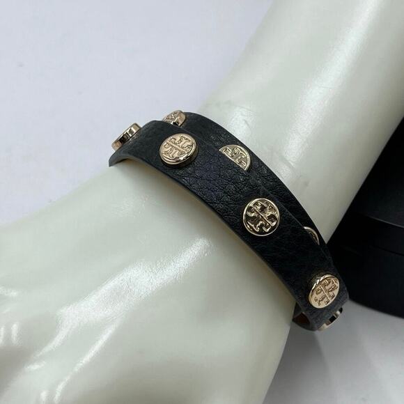 Tory Burch Designer Double Wrap Black Leather Gold Logo T Snap Bracelet - Picture 1 of 8